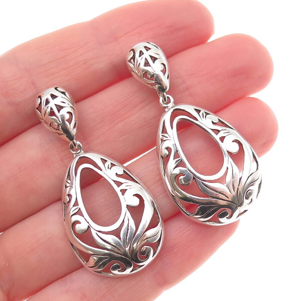 925 Sterling Silver Vintage Floral Teardrop Oxidized Dangle Earrings